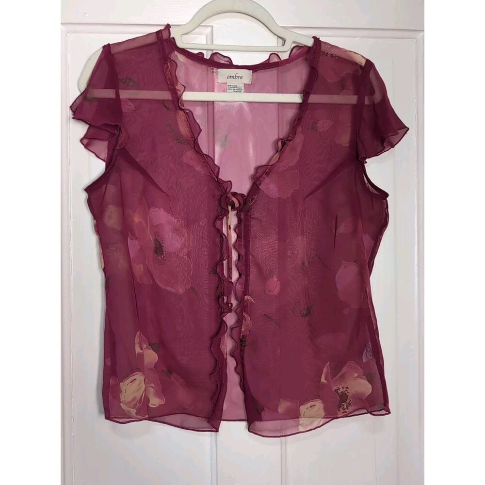 Ombre Sheer Floral Mesh Blouse Elegant Ruffle Women's 8 Summer Festival (1147)